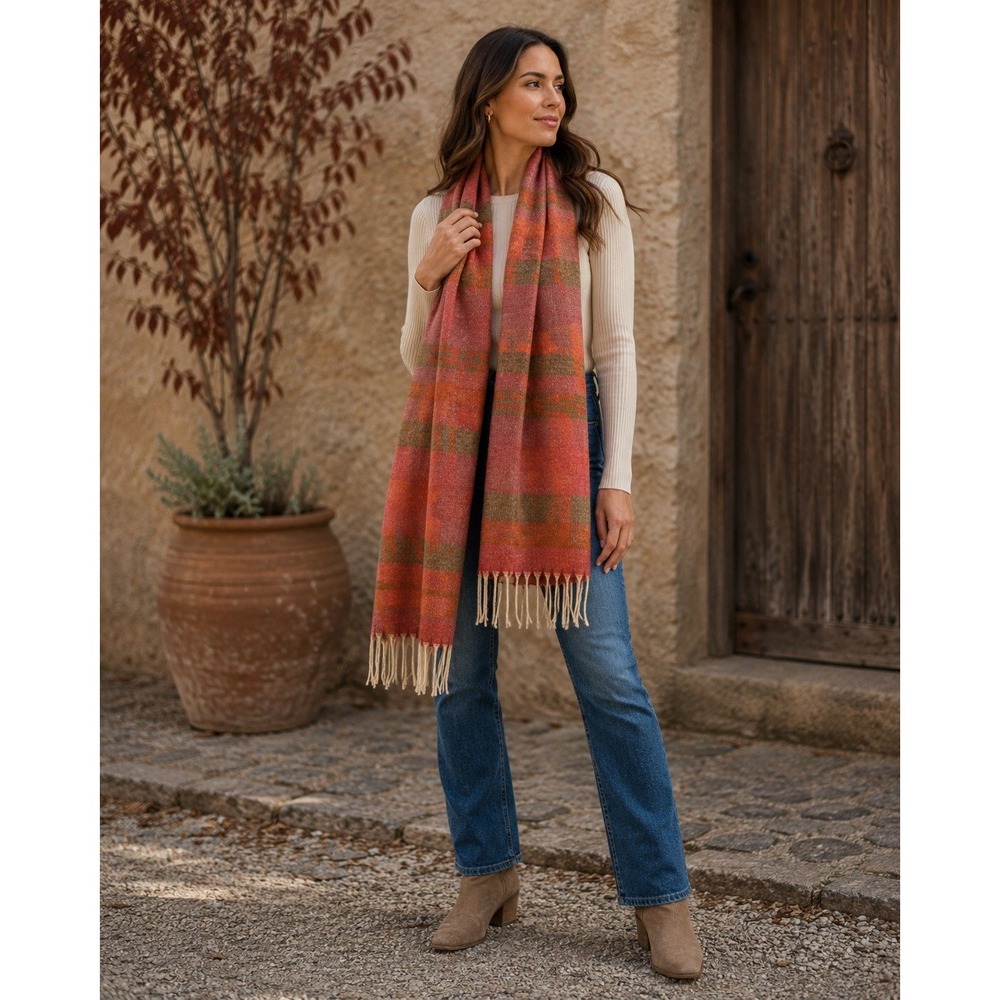 Baby Alpaca Cashmere Striped Woven Fringe Rectangle Scarf Red/Green/Orange 72x30